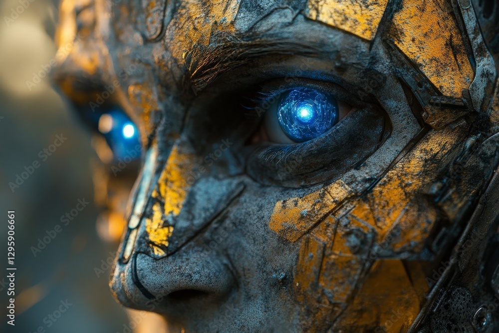 Poster detailed close-up of a futuristic robotic face with glowing eyes in a stylized setting