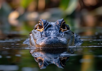Fototapeta premium Close-Up of Alligator Head Emerging from Calm Water with Glimmering Eyes in a Scenic Natural Habitat