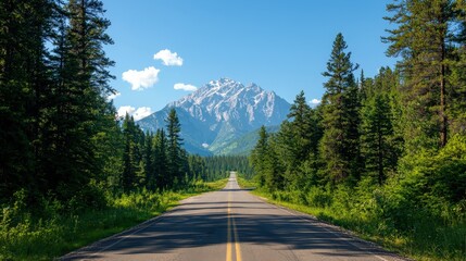 A scenic open road leads towards a majestic mountain vista