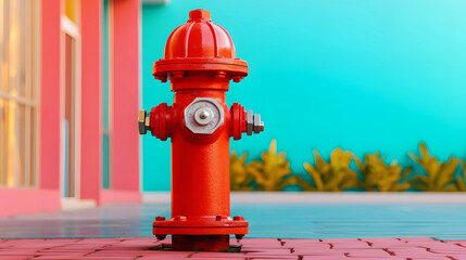 bright red fire hydrant stands prominently against colorful backdrop, symbolizing safety and readiness