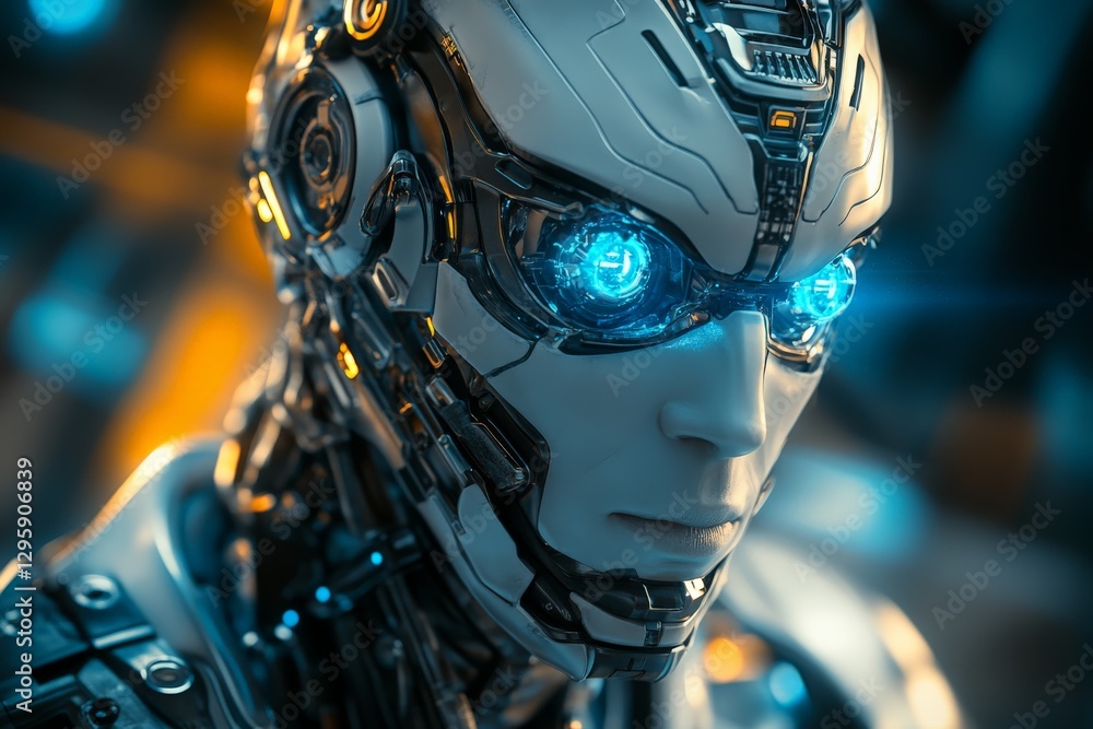 Fototapete futuristic robotic figure with glowing eyes in a high-tech environment during a cybernetic design sh