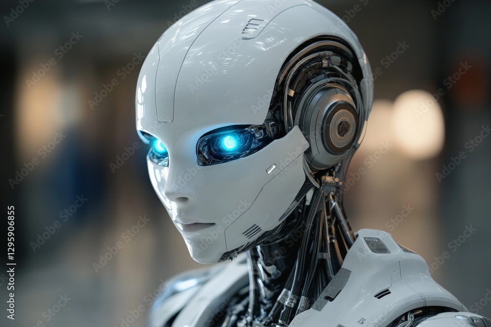 Poster futuristic humanoid robot with glowing blue eyes in a high-tech environment