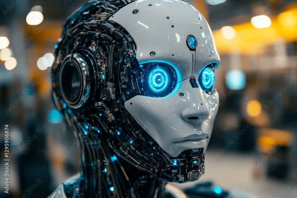 Leinwandbilder futuristic robot with glowing blue eyes in a high-tech environment showcasing advanced technology an