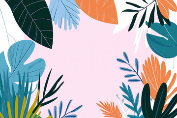 Vector illustration of a tropical jungle with large, vibrant leaves framing the scene, simple, hand painted, bold colors