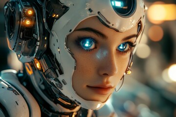 Fototapeta premium Futuristic humanoid robot with glowing eyes in a high-tech environment showcasing advanced technology and design