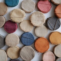 Colorful fabric swatches arranged on white surface.