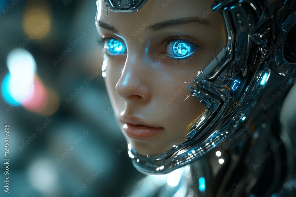 Poster cyborg with glowing blue eyes in a futuristic setting showcasing advanced technology and intricate d