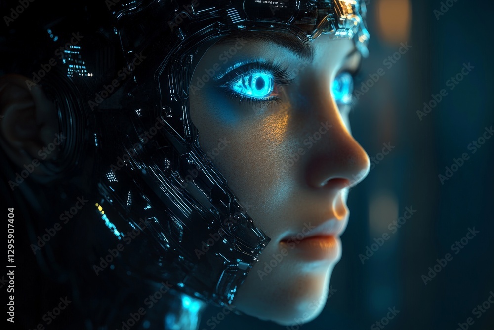 Poster Futuristic cyborg with glowing blue eyes explores advanced technology in a high-tech environment