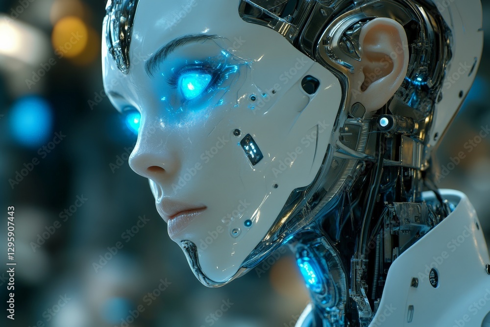 Poster Futuristic humanoid robot with glowing features in a high-tech laboratory setting
