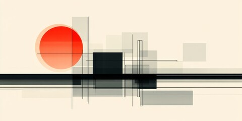 Abstract composition with geometric shapes and a red circle