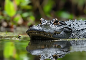 Fototapeta premium Close-Up of Alligator Head Emerging from Water Surrounded by Greenery and Reflections in Calm Surface in Natural Habitat
