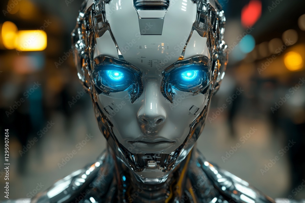 Poster robot with glowing blue eyes displays advanced technological features in a bustling urban environmen