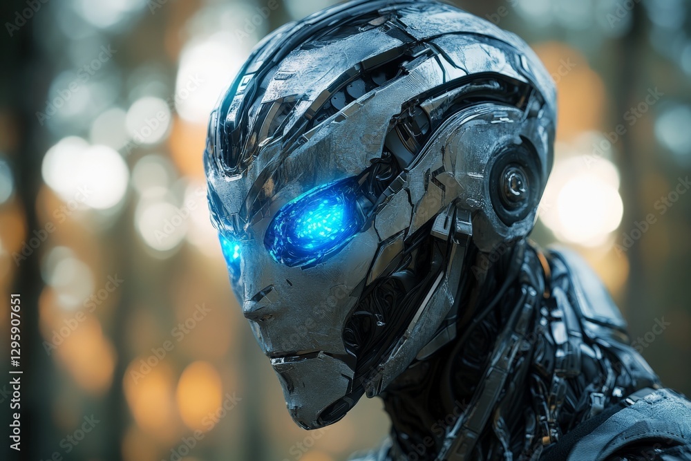 Poster futuristic robot with glowing blue eyes stands in a serene forest during twilight hours