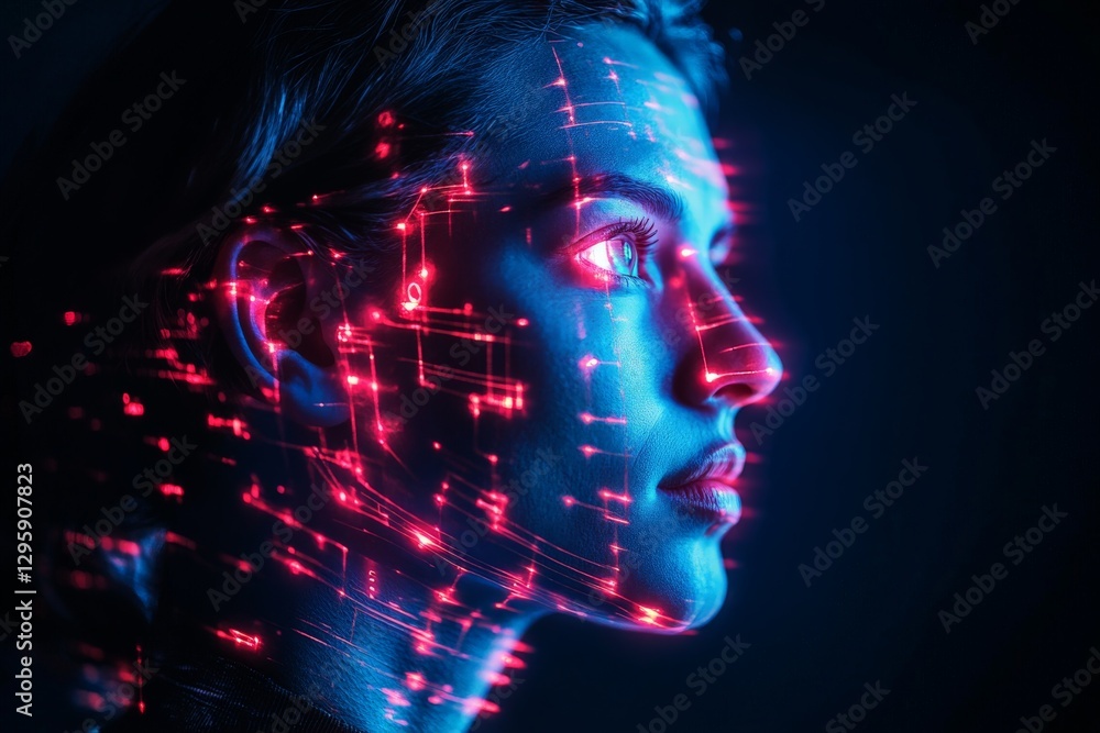 Poster digital portrait of a person with glowing lines and patterns projected on their face in a dark setti