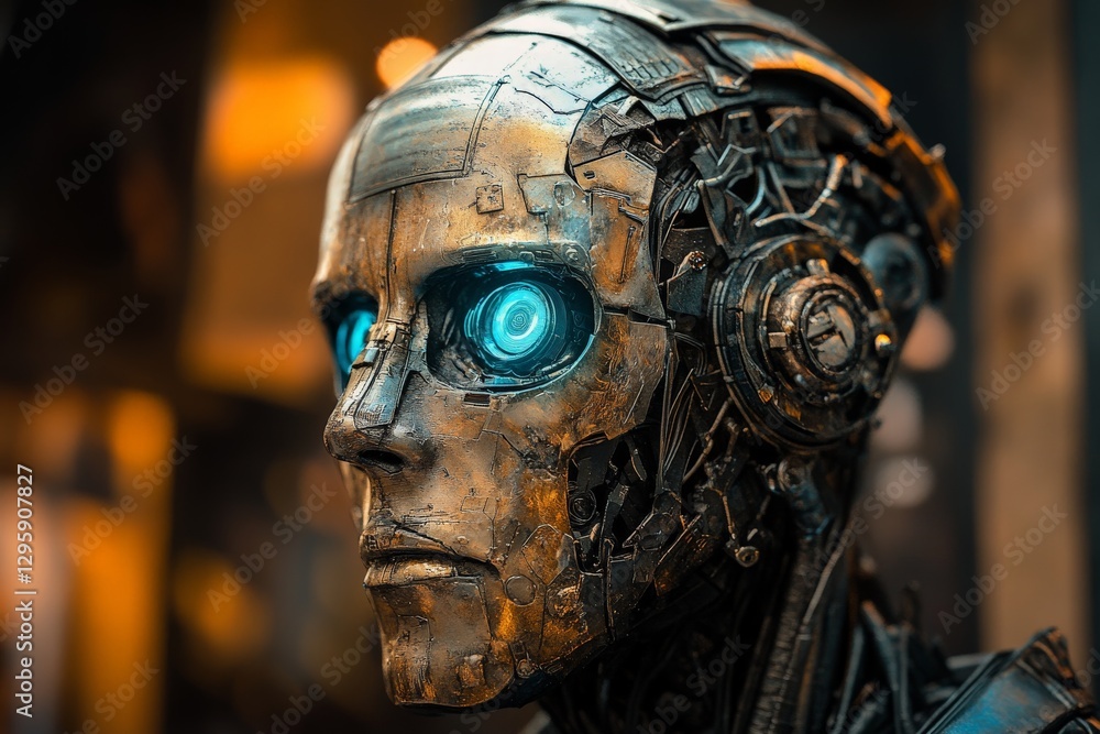Aufkleber detailed metallic robot with glowing blue eyes showcasing advanced technology in a futuristic settin