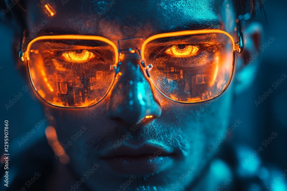 Aufkleber futuristic portrait of a man with glowing glasses and intense expression in a neon-lit environment