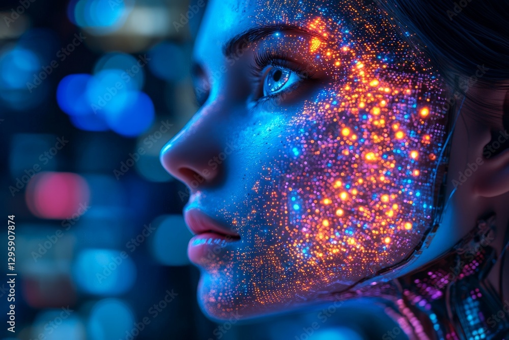 Aufkleber futuristic close-up of a woman with glowing digital patterns on her face in a high-tech environment
