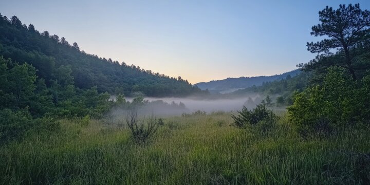 A picturesque scene of a sunset over the rolling hills of a mountainous terrain with misty valleys and wildflowers on a hiking trail.