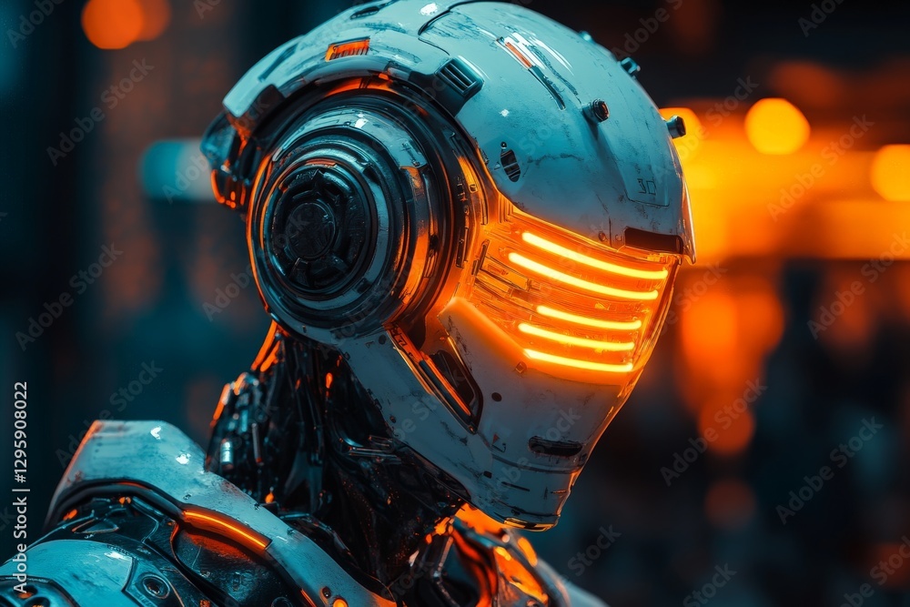 Fototapete futuristic robot with glowing facial features stands in a neon-lit setting highlighting advanced tec