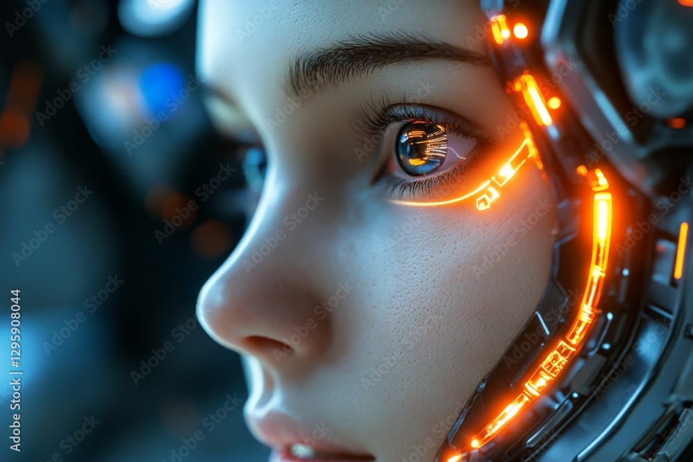 Poster robot-human fusion showcases advanced technology and design in a futuristic setting
