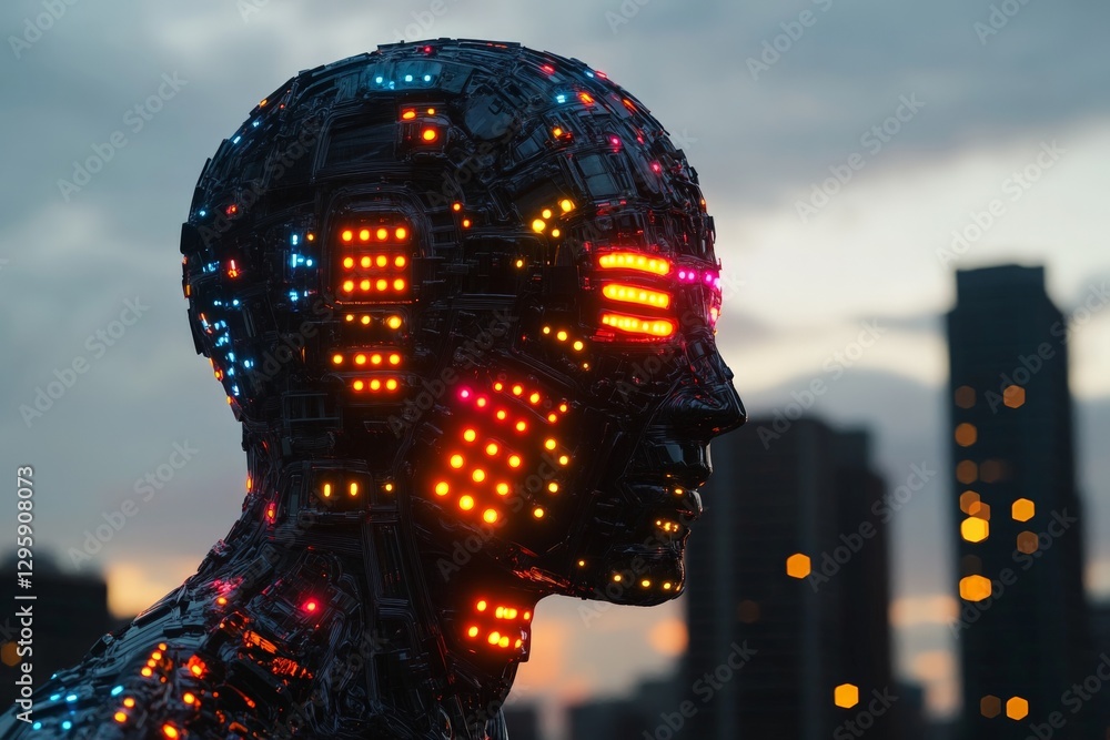 Poster futuristic robotic figure illuminated by city lights at twilight showcasing advanced technology