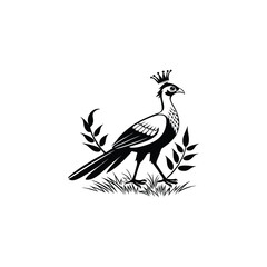 Royal Crested Bird Silhouette Standing on Grass – Vector Art