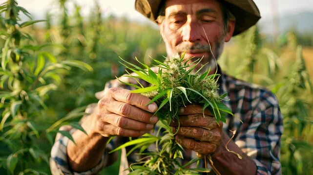 hemp in the hands of a man. selective focus