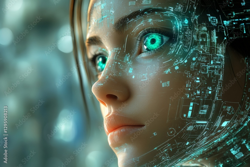 Poster close-up of a futuristic woman with glowing eyes and digital elements integrated into her face at a 