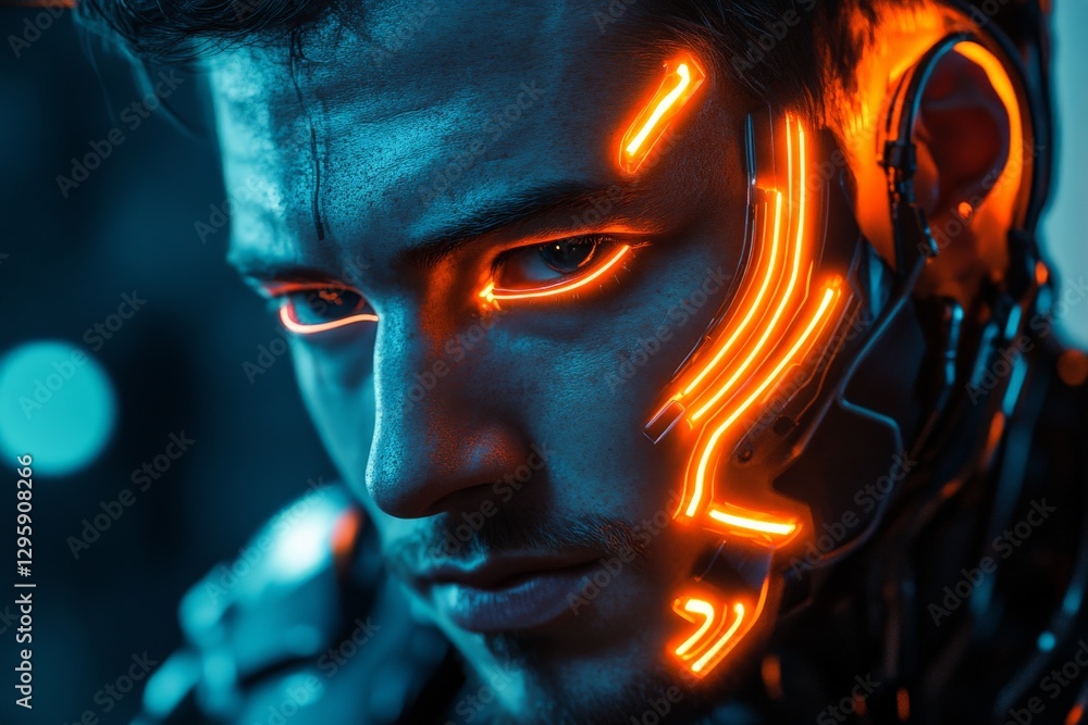 Fototapete advanced cybernetic enhancement with glowing accents showcases a futuristic design in a dark setting