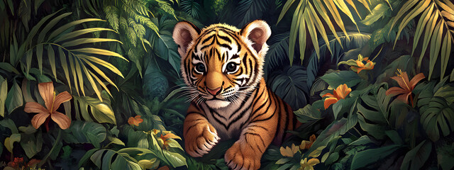 A baby tiger in the jungle, surrounded by lush greenery and exotic flowers

