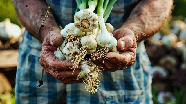 garlic in the hands of a man. selective focus