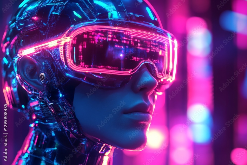 Poster futuristic robotic figure wearing neon goggles under vibrant lights in an advanced technology settin