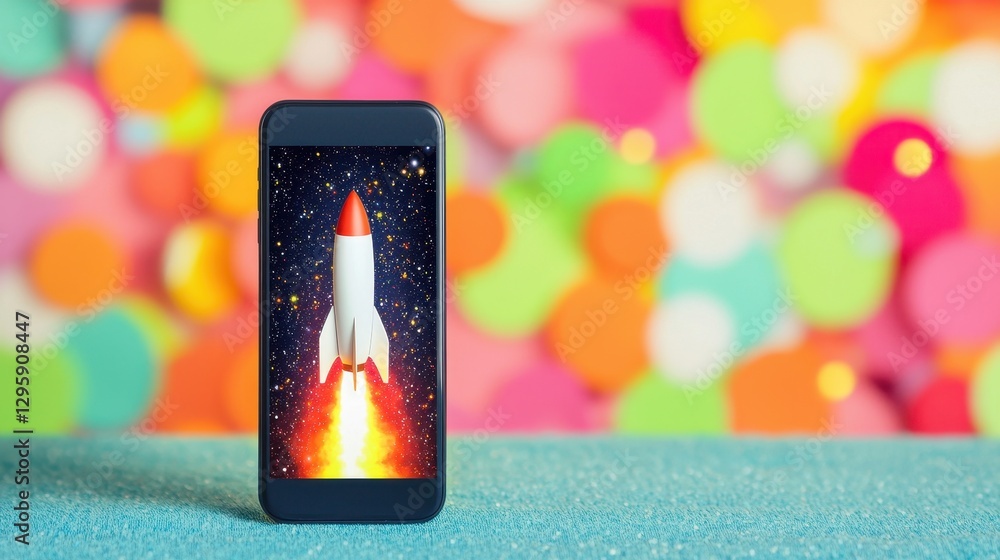 Poster rocket launch concept on smartphone screen with colorful background