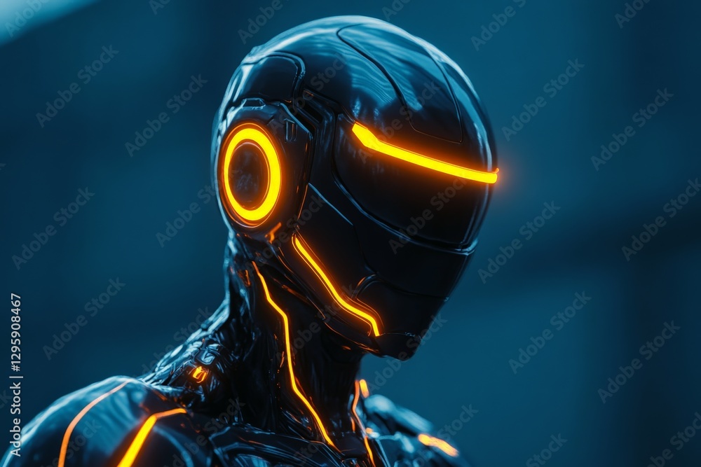 Poster futuristic humanoid robot with glowing lines stands in an urban setting at dusk