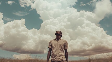 Man stands looking up at the fluffy clouds in the sky