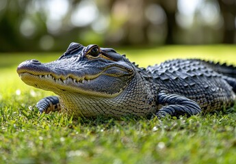 Fototapeta premium Close-up of Alligator Head on Green Grass Under Natural Light with Soft Focus Background, Highlighting Intricate Scales and Eye Detail