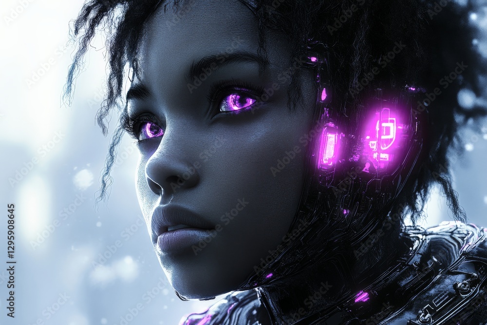 Aufkleber futuristic humanoid with glowing features in a cybernetic environment at dusk