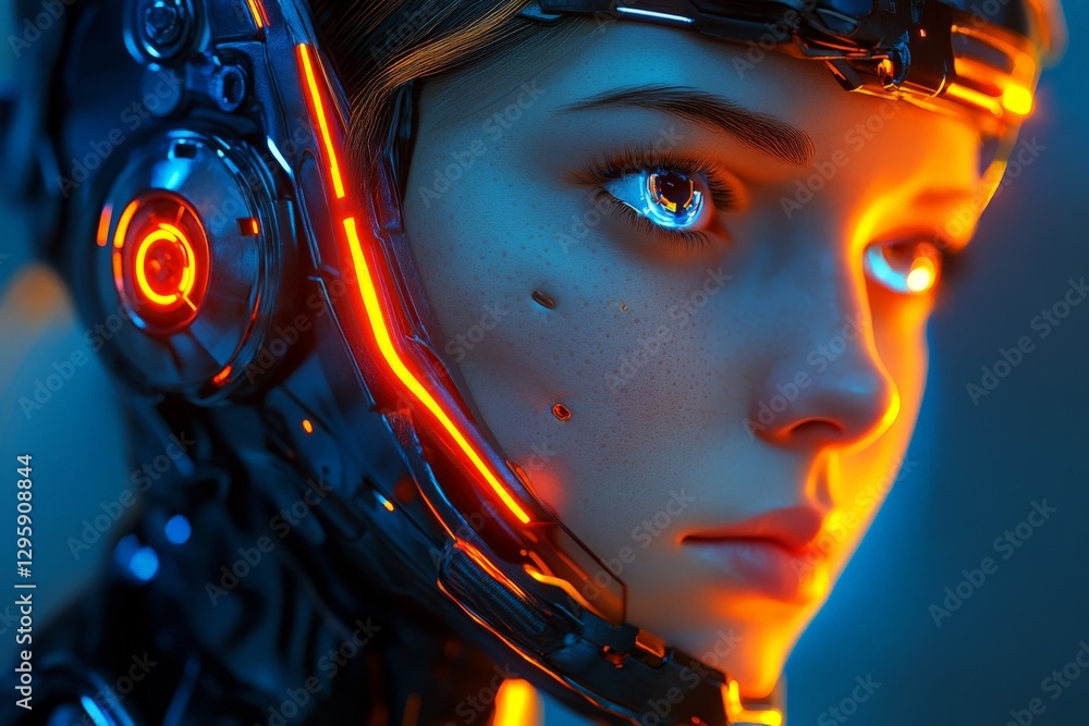Poster futuristic cyborg character with glowing elements in a digital environment showcasing advanced techn