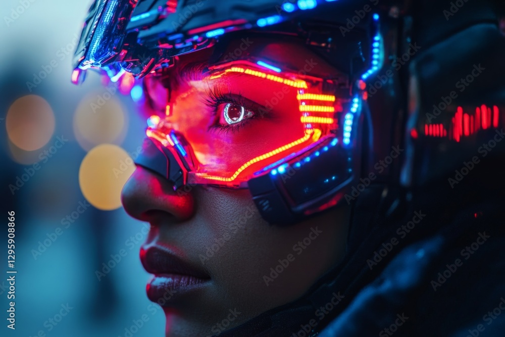 Aufkleber futuristic warrior with glowing visor and high-tech helmet in urban setting at dusk
