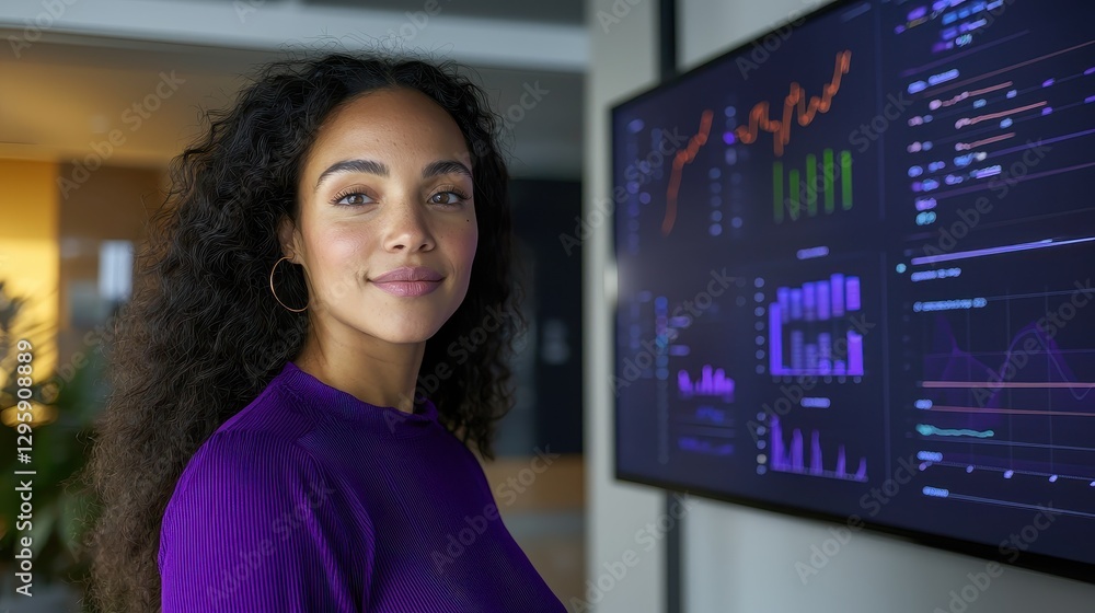 Poster data analysis insights by professional female analyst in modern office setting business environment 
