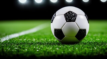 Fototapeta premium Close-Up of Soccer Ball on Green Field with Bright Stadium Lights