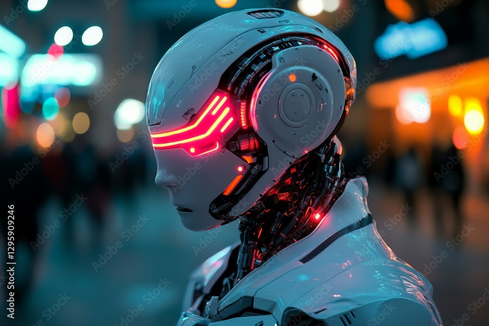 Aufkleber innovative futuristic robot with glowing accents on display in an urban environment