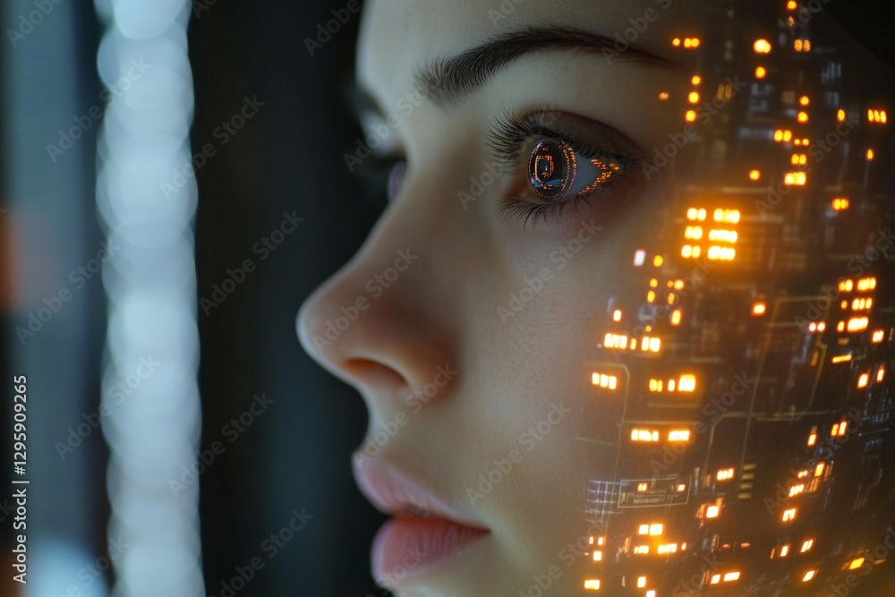 Aufkleber Close-up view of a woman with reflective circuitry patterns in a futuristic setting