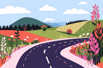 Vector illustration of an open road stretching through summer fields under a blue sky, simple, hand painted, bold colors