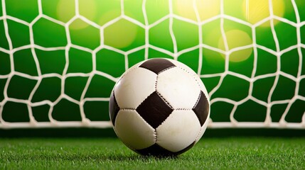 Close-Up of a Classic Black and White Soccer Ball Near Goal Net