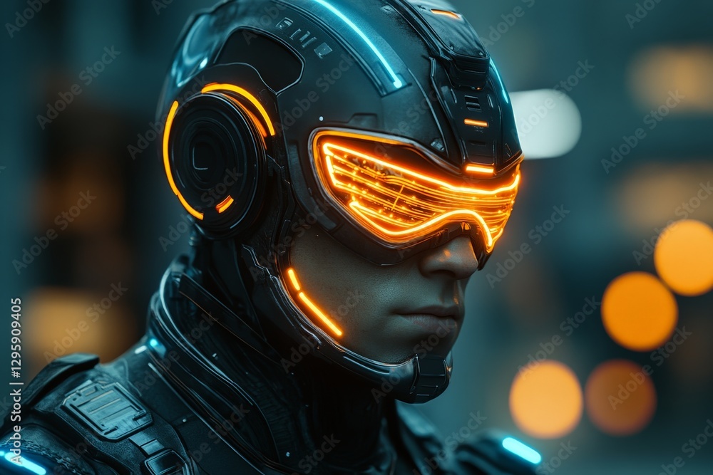 Poster Futuristic warrior in illuminated helmet stands in a high-tech environment showcasing advanced technology and design