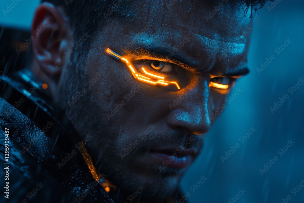 Poster intense close-up of a futuristic character with glowing eyes in a rain-soaked urban environment at n
