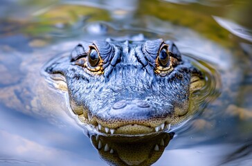 Obraz premium Close-Up of Alligator Head Surrounded by Water with Detailed Scales, Intense Eyes, and Sharp Teeth Reflecting in Calm Surface of Nature