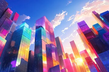 Modern Skyscrapers with Rainbow Reflections