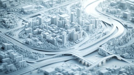 Stylized 3D model of a city with roads and buildings.